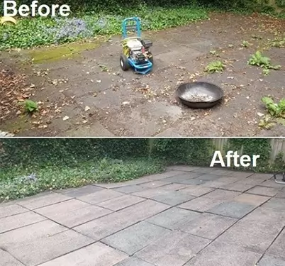 before and after comparison of patio cleaning